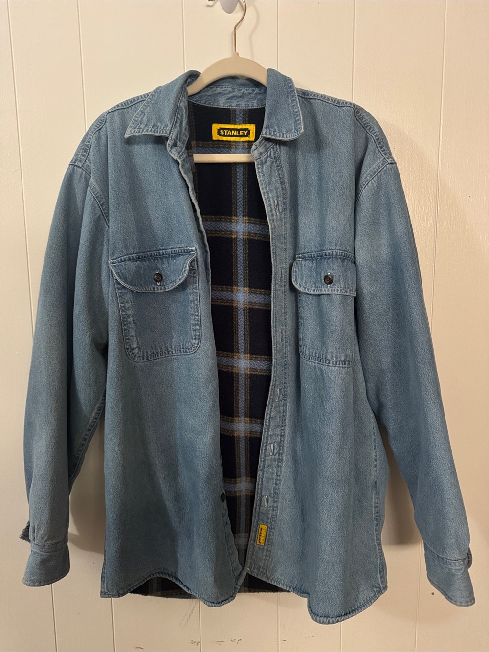 Vintage Stanley Light Blue Denim Work Shirt Jacket with Navy Plaid Lining